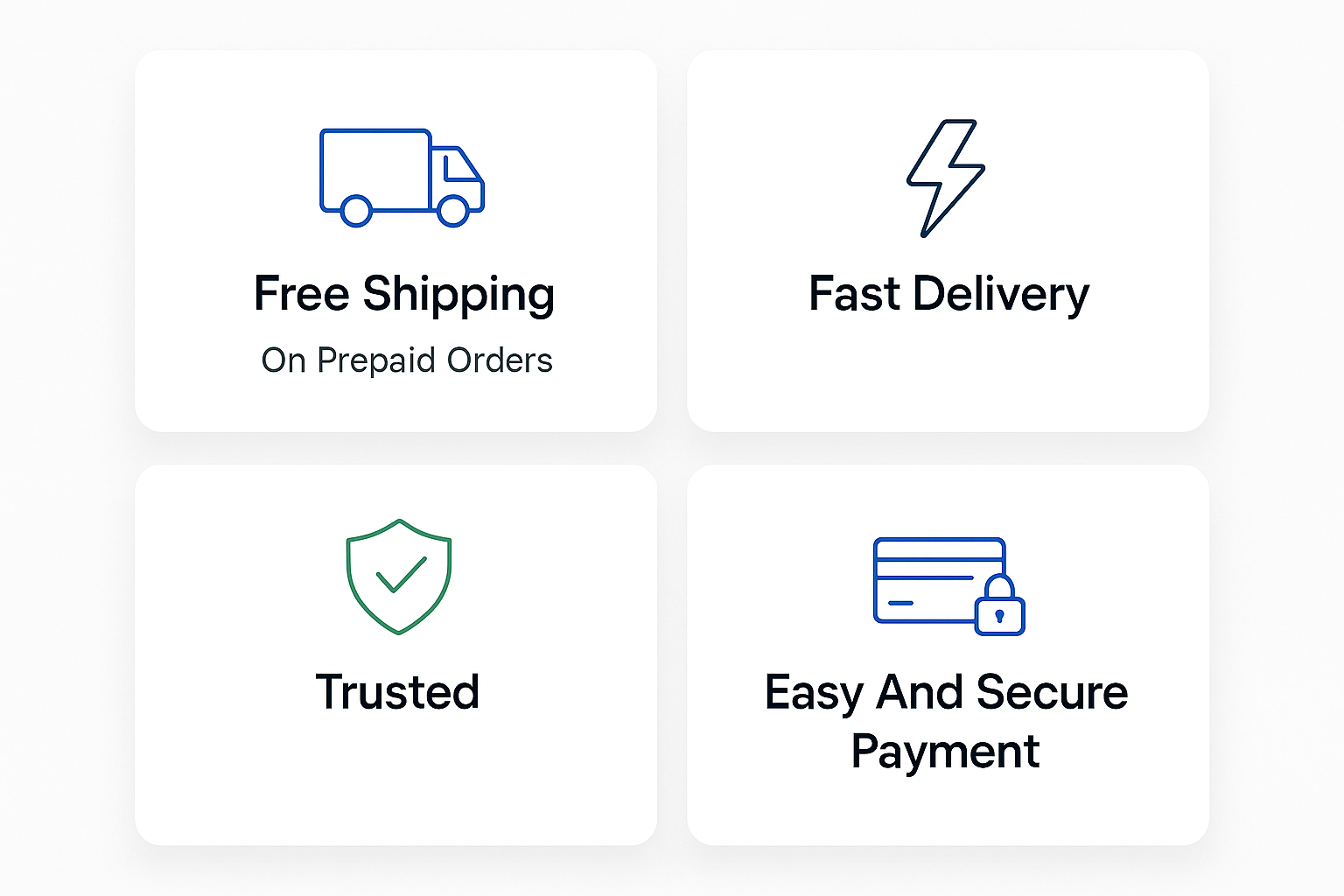 Free Shipping On Prepaid Orders,Fast Delivery,trusted,Easy And Secure Payment this text make box with icon  responsive design